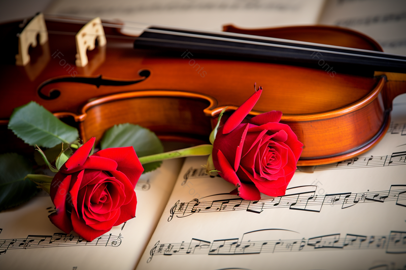 乐谱上的小提琴玫瑰花摄影图,高清,摄影图,摄影图片,图片大全,摄影图免费下载